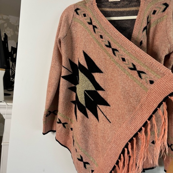 Peace Dove Pink Aztec Print Metallic Fringe Knit Cardigan Sweater Small Boho - Picture 8 of 10